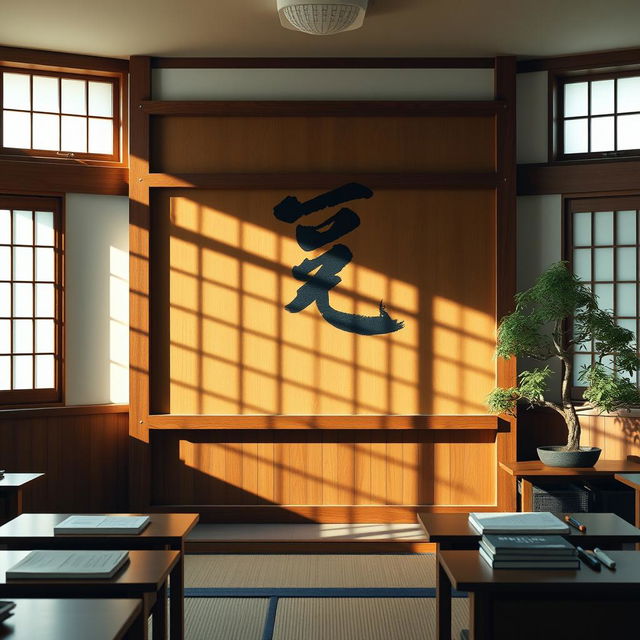 A tranquil and serene Japanese classroom setting, featuring a traditional wooden board adorned with the kanji characters 進和 intricately painted in black