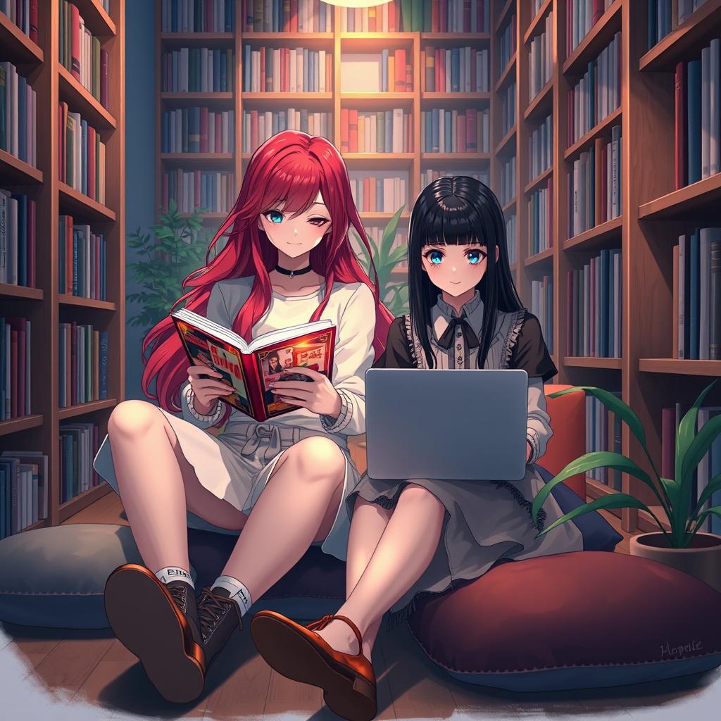 A captivating scene of a red-haired girl and a black-haired girl sitting together in a cozy library