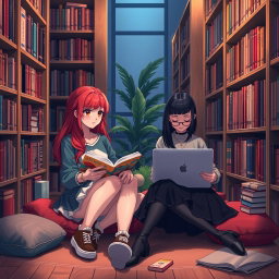 A captivating scene of a red-haired girl and a black-haired girl sitting together in a cozy library