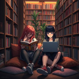 A captivating scene of a red-haired girl and a black-haired girl sitting together in a cozy library