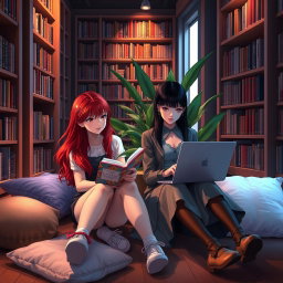 A captivating scene of a red-haired girl and a black-haired girl sitting together in a cozy library