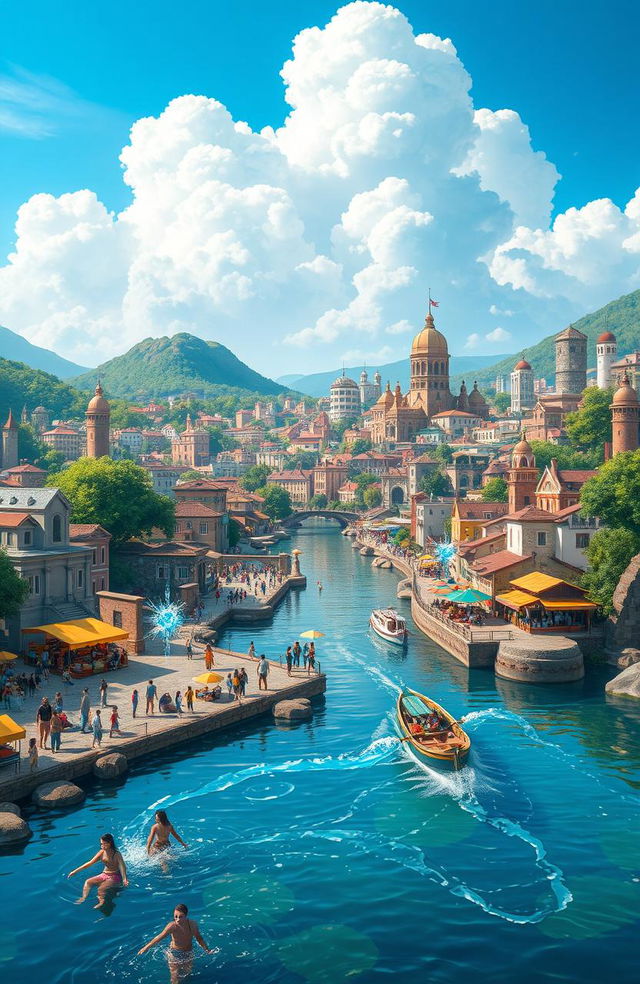 A vibrant cityscape of Almenara, showcasing its unique architecture and lush landscapes along the Jequitinhonha River, where citizens with special powers coexist