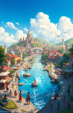 A vibrant cityscape of Almenara, showcasing its unique architecture and lush landscapes along the Jequitinhonha River, where citizens with special powers coexist
