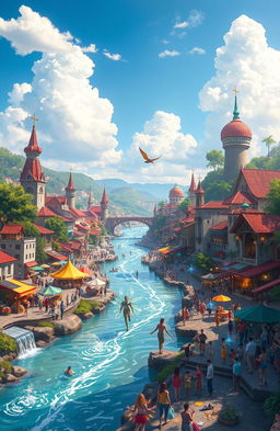 A vibrant cityscape of Almenara, showcasing its unique architecture and lush landscapes along the Jequitinhonha River, where citizens with special powers coexist