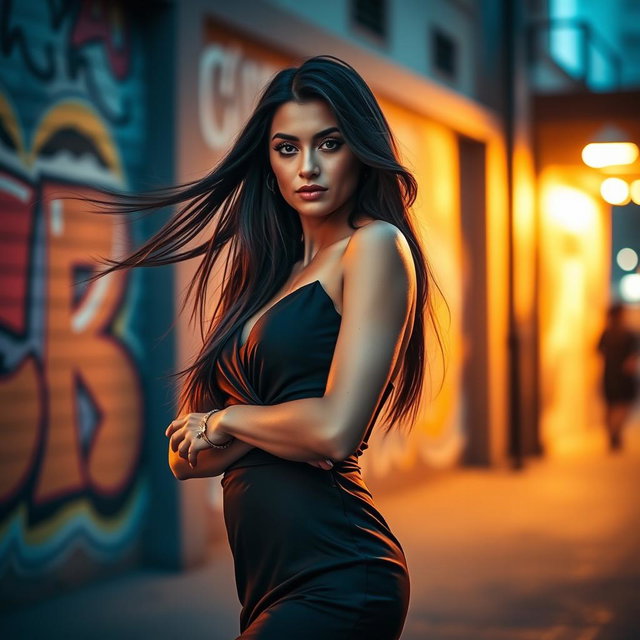 A striking portrait of a confident woman in a stylish outfit