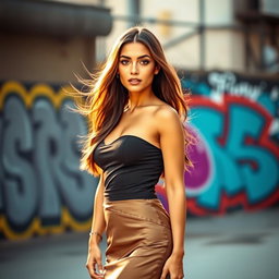 A striking portrait of a confident woman in a stylish outfit