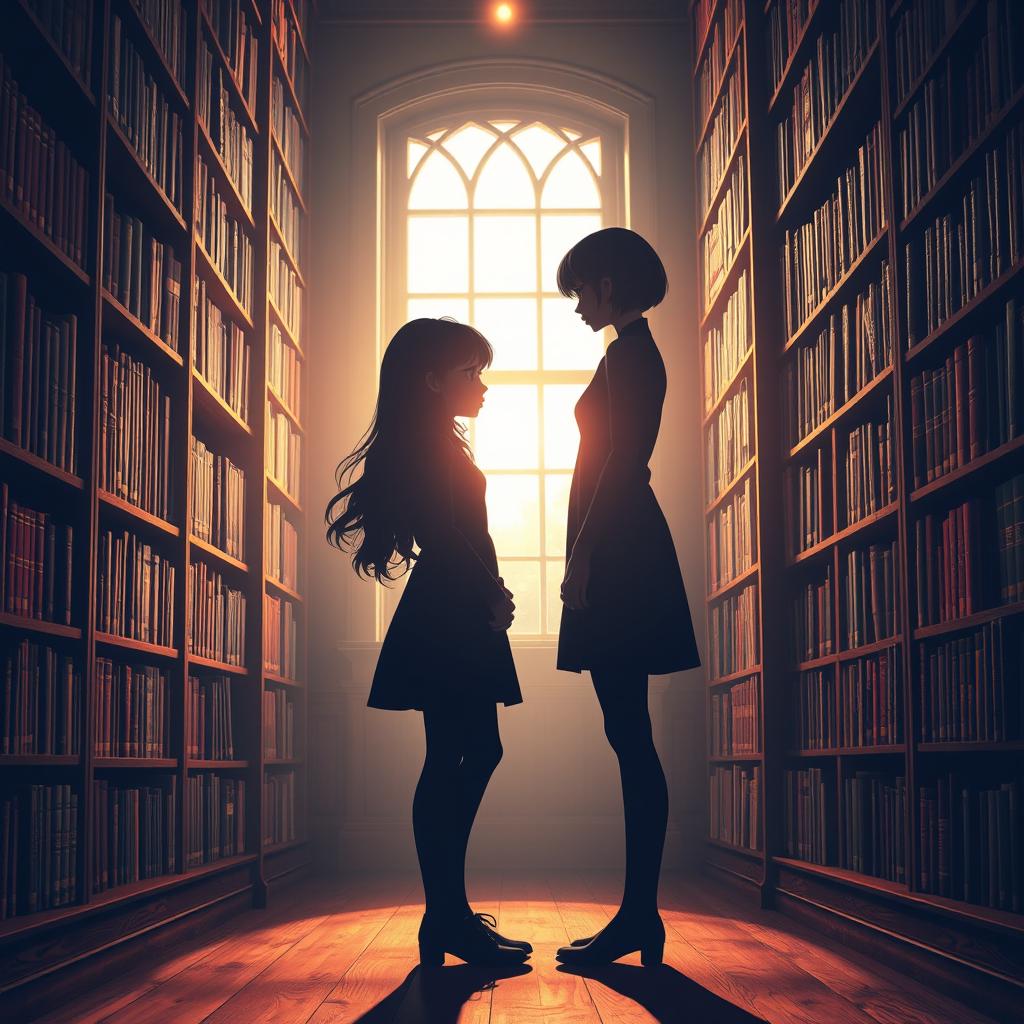 A beautiful silhouette of two girls standing in a cozy library, surrounded by tall bookshelves filled with colorful books