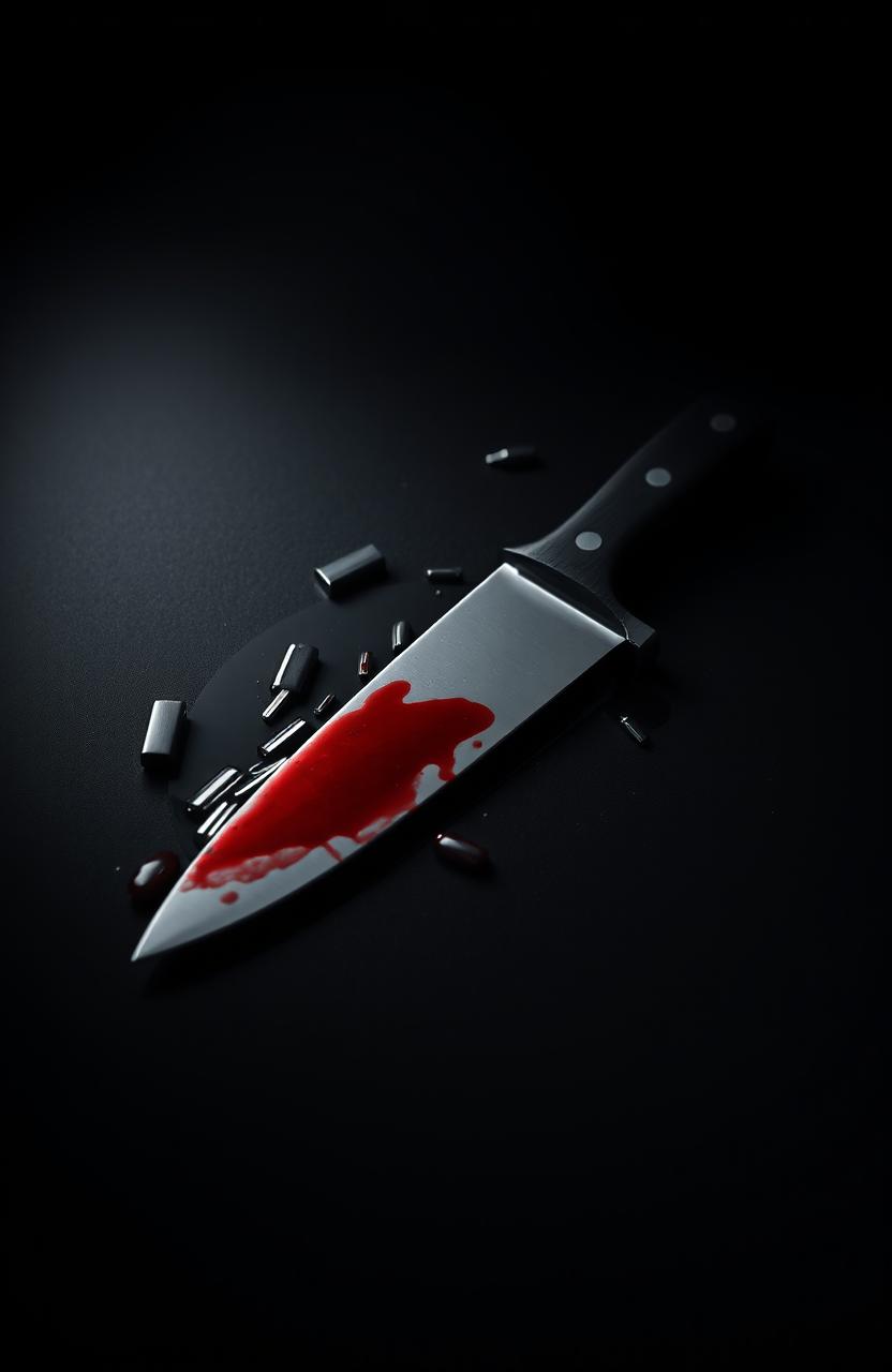 A bloody knife resting on a shiny, modern surface, with dark shadows and a mysterious atmosphere surrounding it