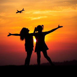 Silhouette of two girls standing together, with their arms outstretched, backlit by a vibrant sunset sky