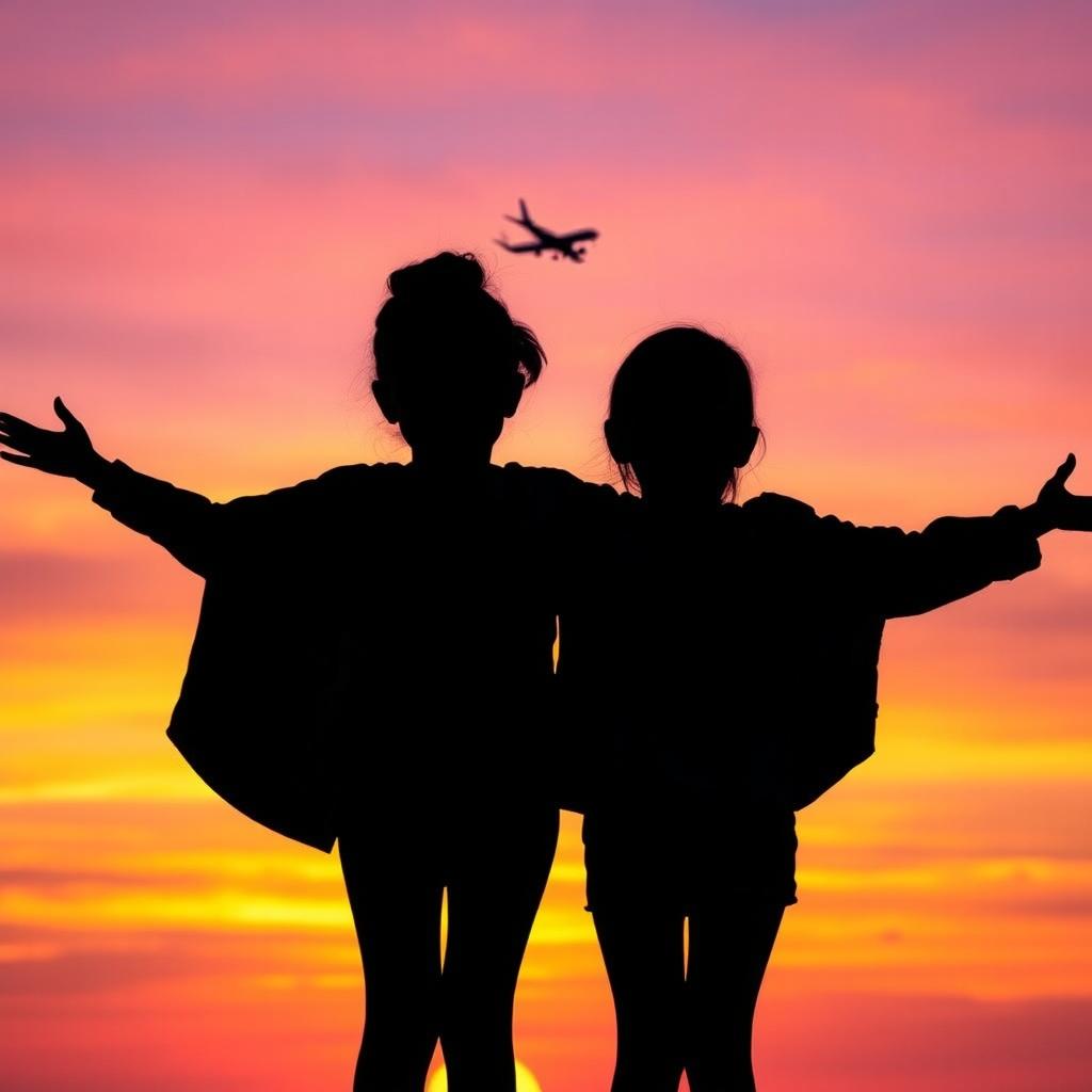 Silhouette of two girls standing together, with their arms outstretched, backlit by a vibrant sunset sky