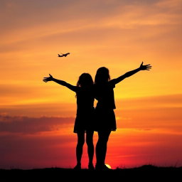 Silhouette of two girls standing together, with their arms outstretched, backlit by a vibrant sunset sky