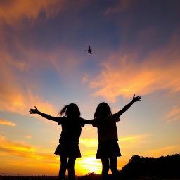 Silhouette of two girls standing together, with their arms outstretched, backlit by a vibrant sunset sky
