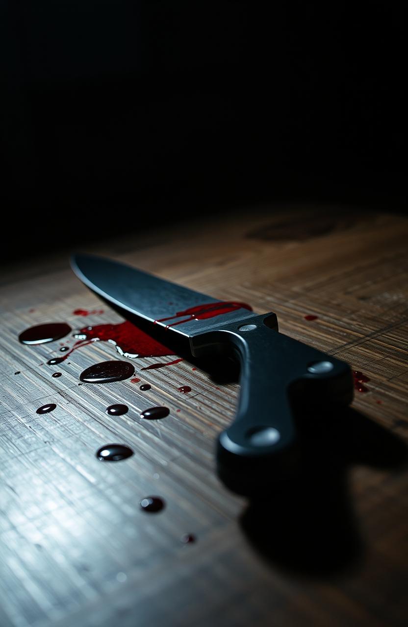 A modern and sleek bloody knife lying on a wooden table, blood smudges around it suggest a recent struggle