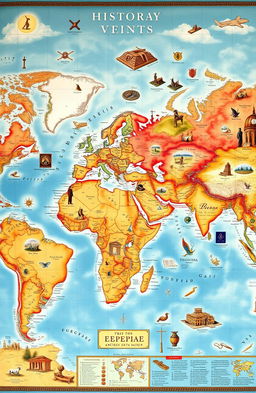 An intricate world map illustrating key historical events from ancient civilizations to modern times, featuring detailed depictions of significant locations, battles, and cultural developments across continents