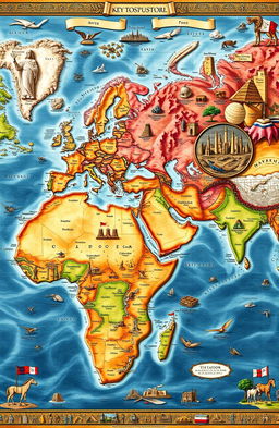 An intricate world map illustrating key historical events from ancient civilizations to modern times, featuring detailed depictions of significant locations, battles, and cultural developments across continents