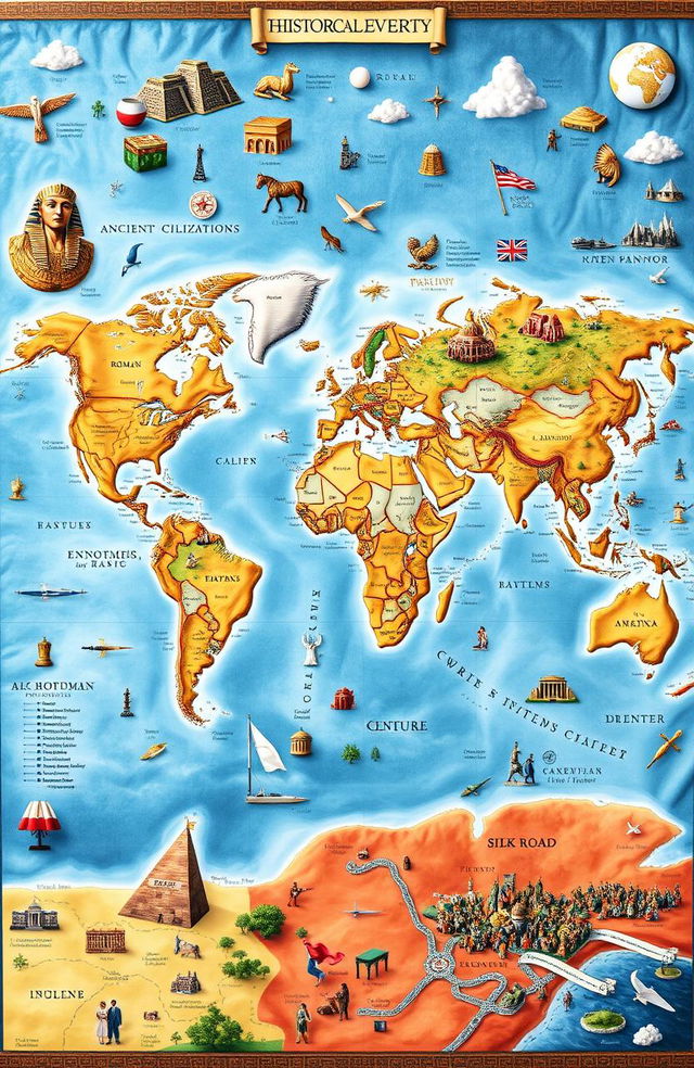 An intricate world map illustrating key historical events from ancient civilizations to modern times, featuring detailed depictions of significant locations, battles, and cultural developments across continents