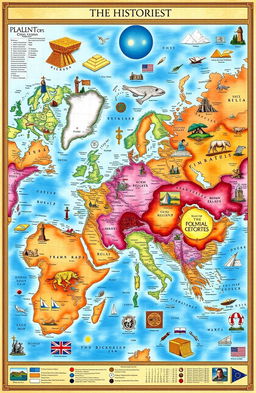 An intricate world map illustrating key historical events from ancient civilizations to modern times, featuring detailed depictions of significant locations, battles, and cultural developments across continents