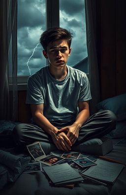 A poignant and emotional depiction of a young man sitting alone in a dimly lit room, surrounded by haunting memories of his ex-girlfriend