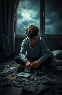 A poignant and emotional depiction of a young man sitting alone in a dimly lit room, surrounded by haunting memories of his ex-girlfriend