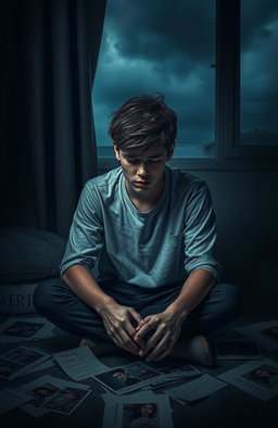 A poignant and emotional depiction of a young man sitting alone in a dimly lit room, surrounded by haunting memories of his ex-girlfriend