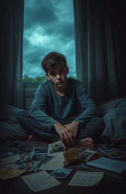 A poignant and emotional depiction of a young man sitting alone in a dimly lit room, surrounded by haunting memories of his ex-girlfriend