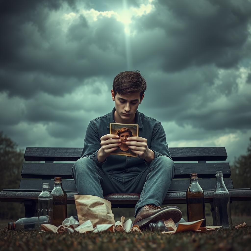 A poignant and deeply emotional scene depicting a young man sitting alone on a park bench under a cloudy sky, lost in thought