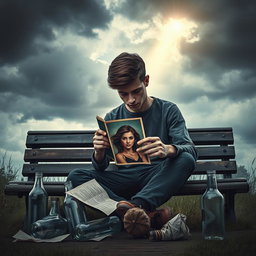 A poignant and deeply emotional scene depicting a young man sitting alone on a park bench under a cloudy sky, lost in thought