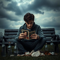 A poignant and deeply emotional scene depicting a young man sitting alone on a park bench under a cloudy sky, lost in thought