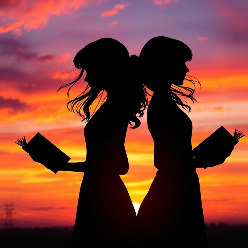 A beautiful silhouette of two girls standing back to back, each holding an open book, against a vibrant sunset sky