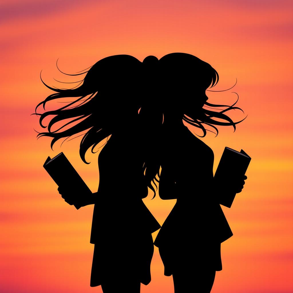 A beautiful silhouette of two girls standing back to back, each holding books in their hands