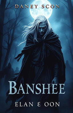 A haunting book cover featuring a menacing male Banshee with ghostly white hair and piercing eyes