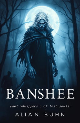 A haunting book cover featuring a menacing male Banshee with ghostly white hair and piercing eyes