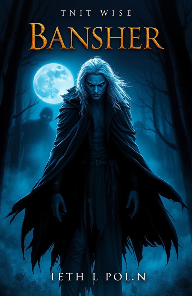 A haunting book cover featuring a menacing male Banshee with ghostly white hair and piercing eyes