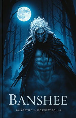 A haunting book cover featuring a menacing male Banshee with ghostly white hair and piercing eyes