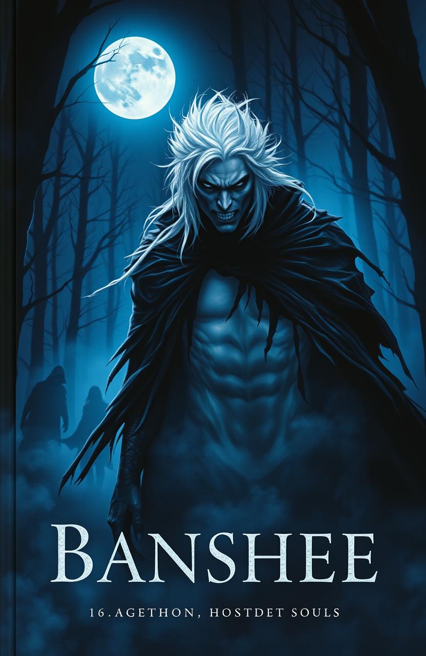 A haunting book cover featuring a menacing male Banshee with ghostly white hair and piercing eyes