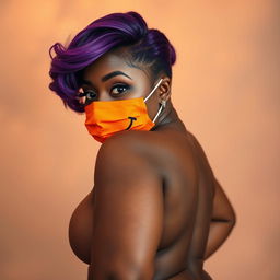 A voluptuous, hourglass-shaped African American woman with smooth, chocolate-toned skin and styled, vibrant purple hair