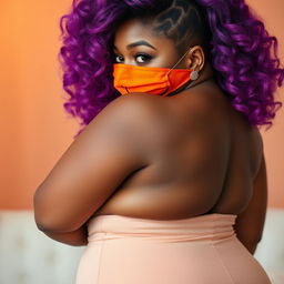 A voluptuous, hourglass-shaped African American woman with smooth, chocolate-toned skin and styled, vibrant purple hair