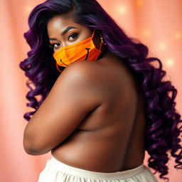 A voluptuous, hourglass-shaped African American woman with smooth, chocolate-toned skin and styled, vibrant purple hair