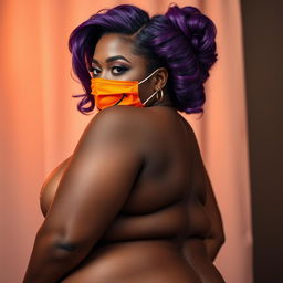 A voluptuous, hourglass-shaped African American woman with smooth, chocolate-toned skin and styled, vibrant purple hair