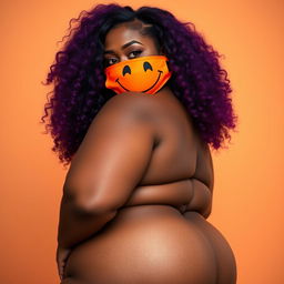 A voluptuous, hourglass-shaped African American woman with rich, chocolate-toned skin and stylish, colorful purple hair