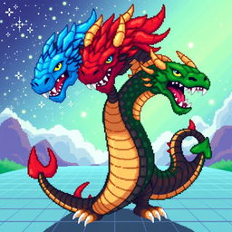 A vibrant and intricate illustration of a pixelated hydra creature, showcasing its multiple heads in a dynamic pose