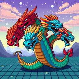 A vibrant and intricate illustration of a pixelated hydra creature, showcasing its multiple heads in a dynamic pose
