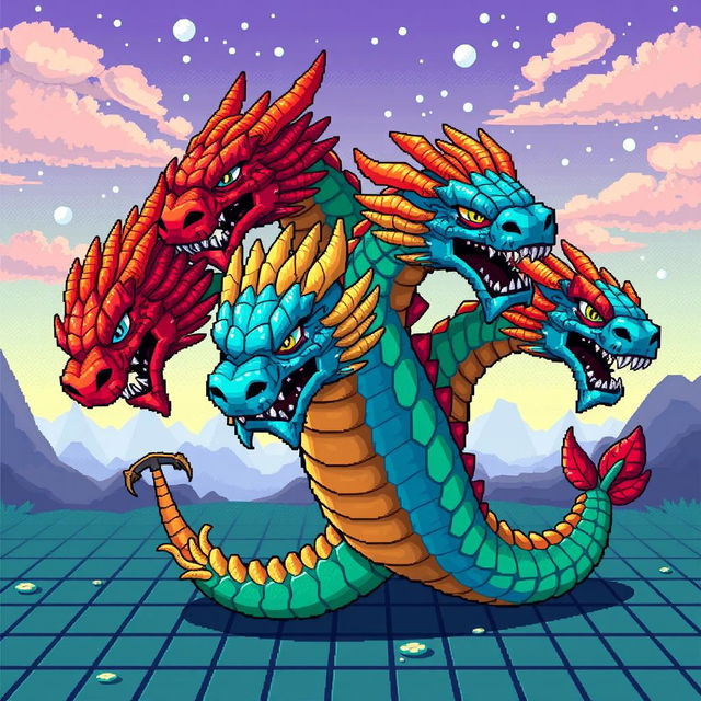 A vibrant and intricate illustration of a pixelated hydra creature, showcasing its multiple heads in a dynamic pose