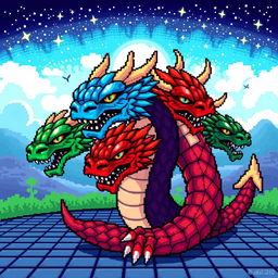A vibrant and intricate illustration of a pixelated hydra creature, showcasing its multiple heads in a dynamic pose