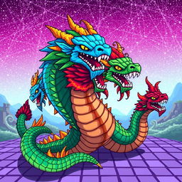 A vibrant and intricate illustration of a pixelated hydra creature, showcasing its multiple heads in a dynamic pose