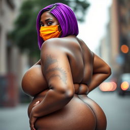 A voluptuous and slim thick African American woman with a chocolate-toned complexion and a slim waist, styled in vibrant purple hair