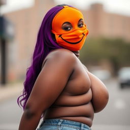 A voluptuous and slim thick African American woman with a chocolate-toned complexion and a slim waist, styled in vibrant purple hair