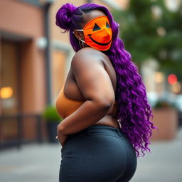 A voluptuous and slim thick African American woman with a chocolate-toned complexion and a slim waist, styled in vibrant purple hair