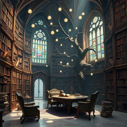 A vast, enchanting fantasy library filled with towering shelves overflowing with ancient, leather-bound books