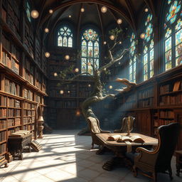 A vast, enchanting fantasy library filled with towering shelves overflowing with ancient, leather-bound books